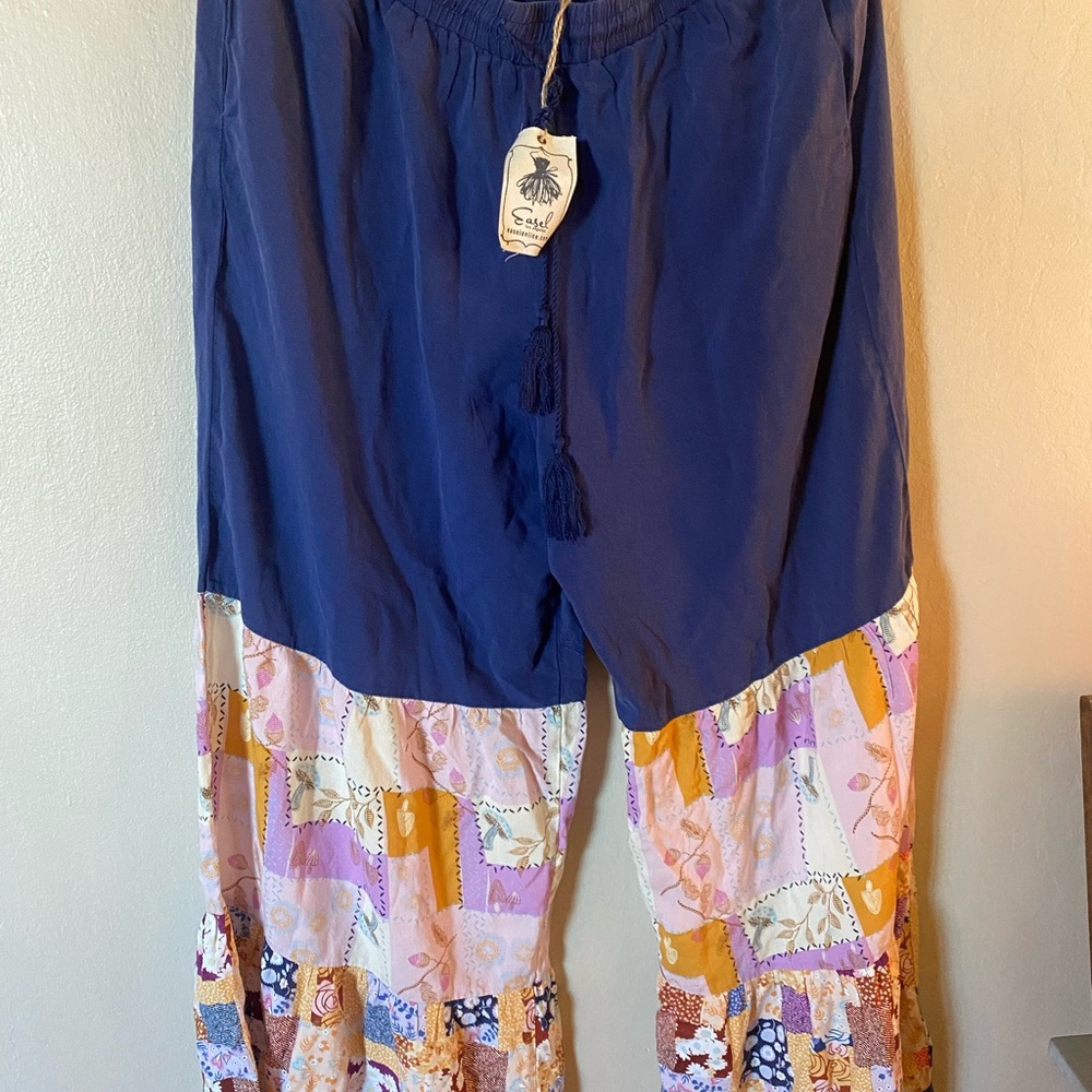 Easel Navy and Multicolor Patchwork Wide-Leg Pants - Picture 4 of 5
